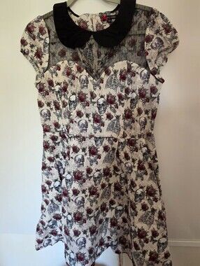 Hell Bunny Dress cream background goth-inspired pattern of skulls roses 2 XL
